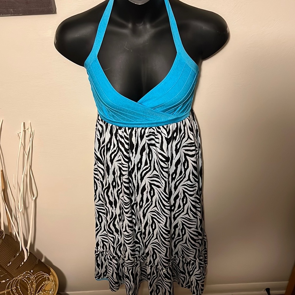 Blue knit / zebra halter dress